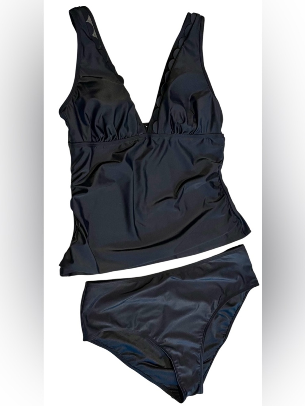 NEW Cupshe Black Scallop V-Neck Tankini Swimsuit Set Size XL - Picture 2 of 12